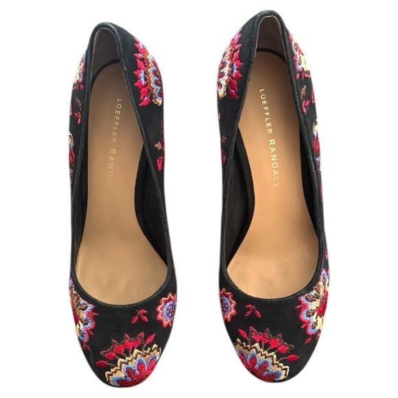 Loeffler Randall Sydnee Black Floral Suede Embroidery High Block Heel Pumps Sz 6 - Picture 7 of 11
